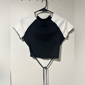 SHEIN Black/White Lettuce Trim Tie Back Raglan Crop Top Size M